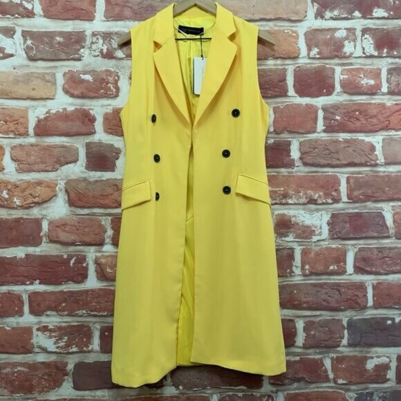 Zara Woman Blazer Medium Yellow Button Accent Open Front Long Jacket - Picture 1 of 9